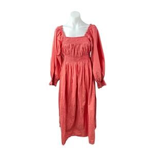 Doen Women's Pink Long Puff Sleeve Smocked Peasant Ruffle A Line Midi Dress M